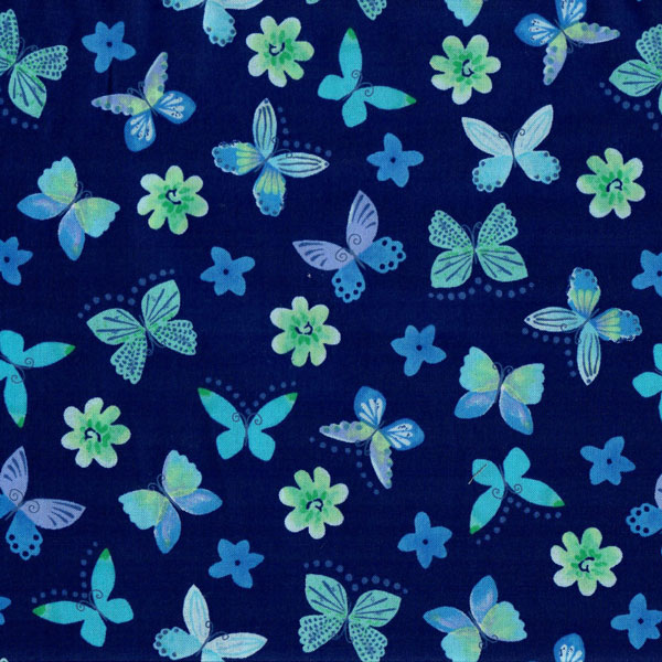 3601 Fjärilar och blommor i blått, tygbredd 110 cm