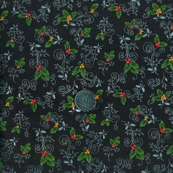 5186, liten silverkvist med gröna blad och röda bär, tygbredd 110 cm