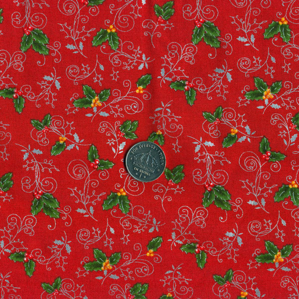 5189, liten silverkvist med gröna blad och röda bär, tygbredd 110 cm
