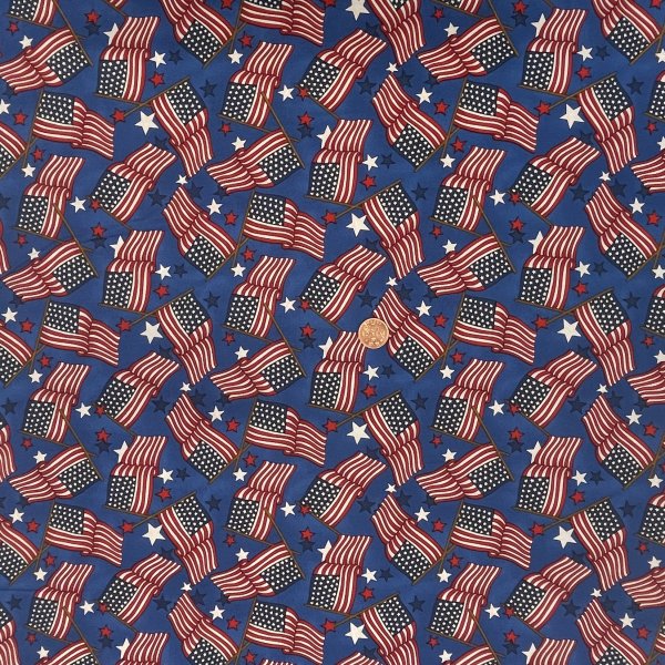 3416, amerikanska flaggor på blått, tygbredd 110 cm